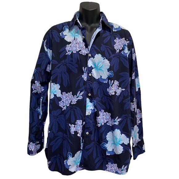 Tommy Hilfiger Dress Shirt Men’s Dark Floral Hibiscus Long Sleeve Y2K Bohemian L - Picture 1 of 11